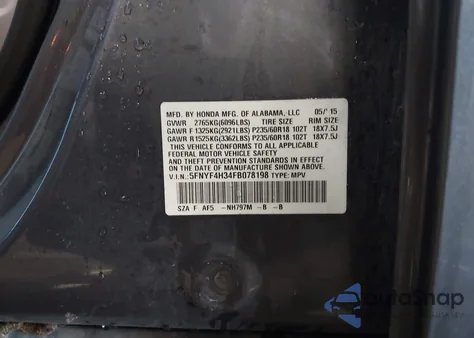 2015 Honda Pilot Se from USA, damaged, VIN 5FNYF4H34FB078198